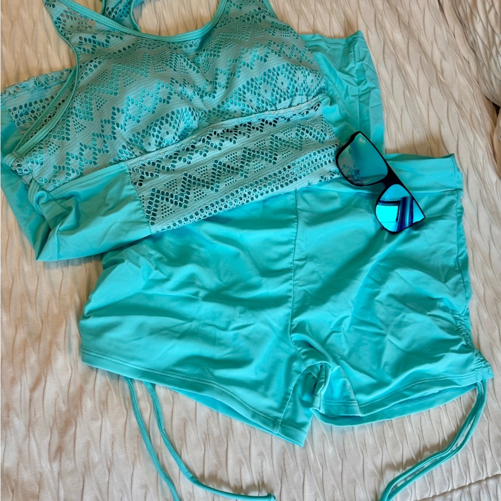 Teal Blue Tankini with Lace Overlay